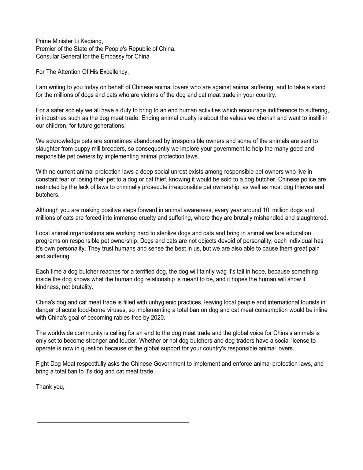 Embassy Letter: Chinese Government – Fight Dog Meat